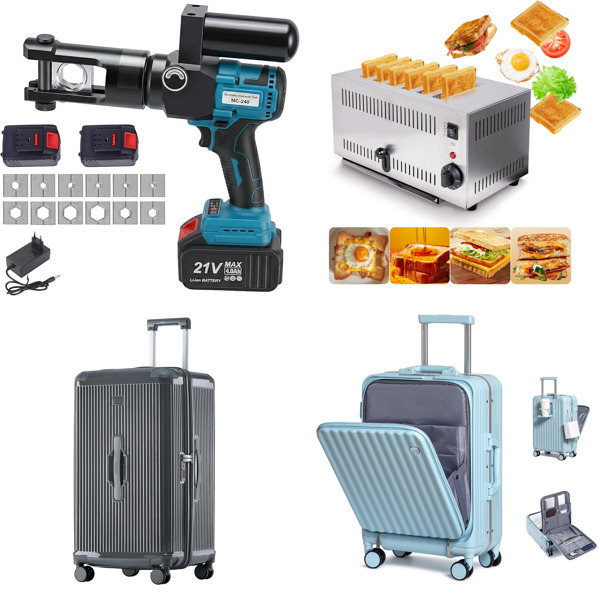 Source photograph for Pallet – Mixed Goods – Hydraulic Crimping Tools, Luggage, Toasters, Garden Tools