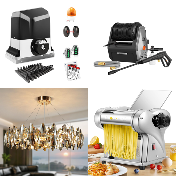 Source photograph for Pallet – Mixed Goods – Gate Opener, Crystal Chandeliers, Pressure Washer, Pasta Machine, Small Animal Cage