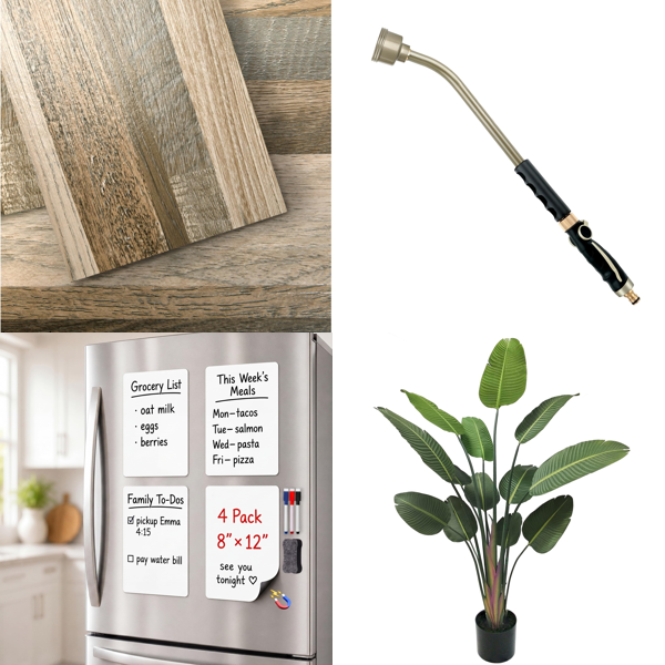 Source photograph for Pallet – Home Interior – Vinyl Floor Tiles, Magnetic Chalkboard, Watering Lance, Artificial Plant