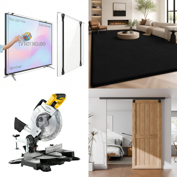 Source photograph for Pallet – Mixed Goods – TV Screen Protector, Mitre Saw, Rug, Sliding Door, Hedge Trimmer, Softbox, Dough Mixer, Dog Ramp