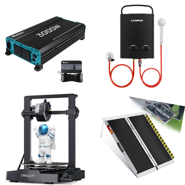 Source photograph for Pallet – Mixed Home, Camping & Construction Equipment – 3D Printer, Inverter, Water Heater, Ramp, LED Mirror