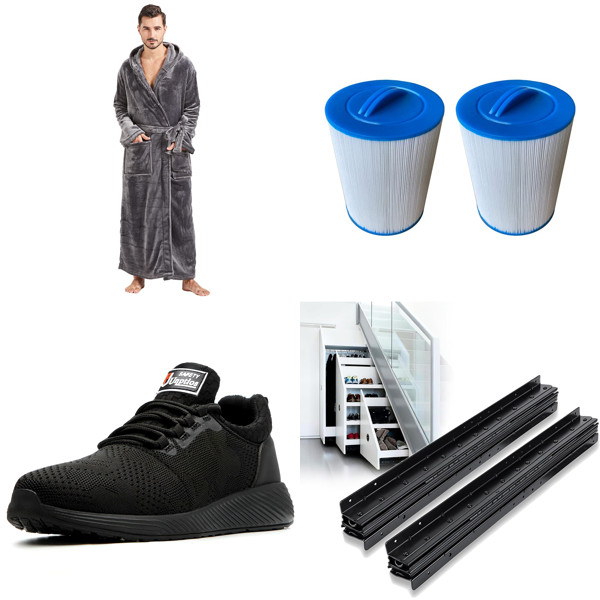 Source photograph for Pallet – Home & Work Goods – Robes, Safety Shoes, Filters, Batteries, Sun Sails