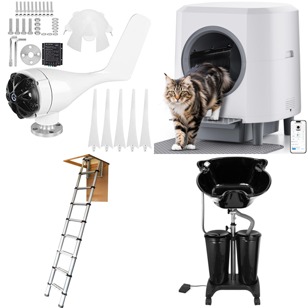Source photograph for Pallet – Home, Workshop & Travel Equipment – Wind Generator, Telescopic Ladder, Cat Litter Tray, Induction Hob
