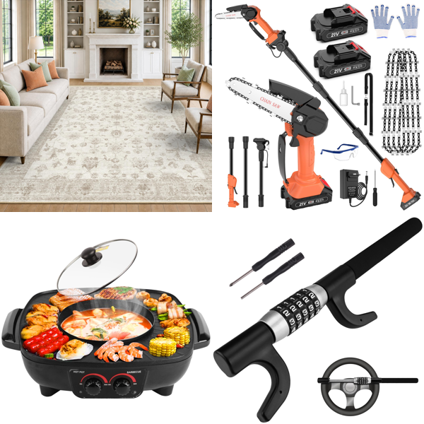 Source photograph for Pallet – Mixed Home Goods – Rugs, Electric Grills, Chainsaws, Lighting Fixtures
