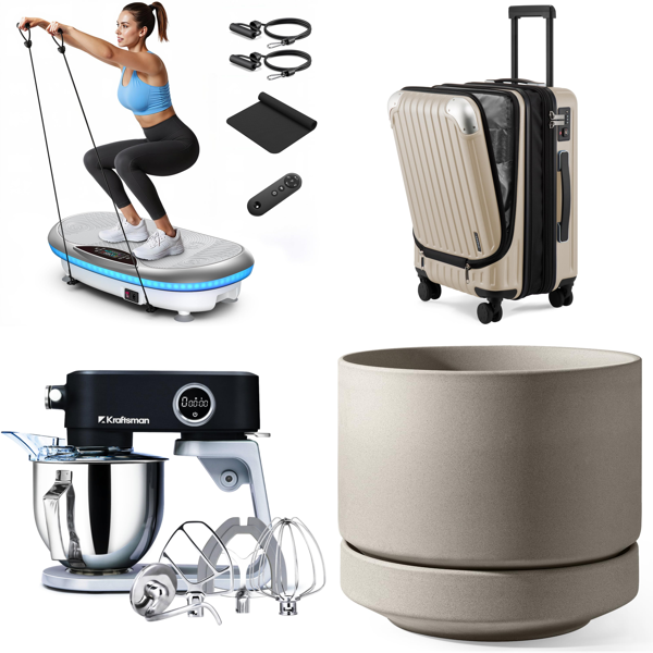 Source photograph for Pallet – Mixed Goods – Vibration Plate, Stand Mixer, Suitcases, Planter, Folding Wagon