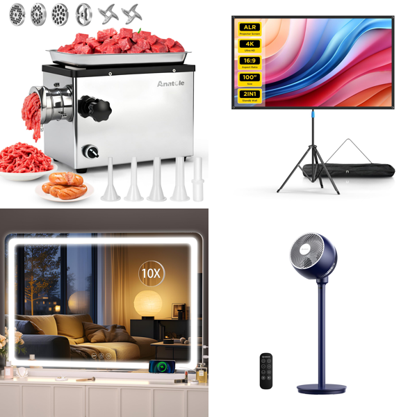 Source photograph for Pallet – Mixed Goods – Meat Grinder, Vanity Mirrors, Projector Screen, Pedestal Fan, Pressure Washer