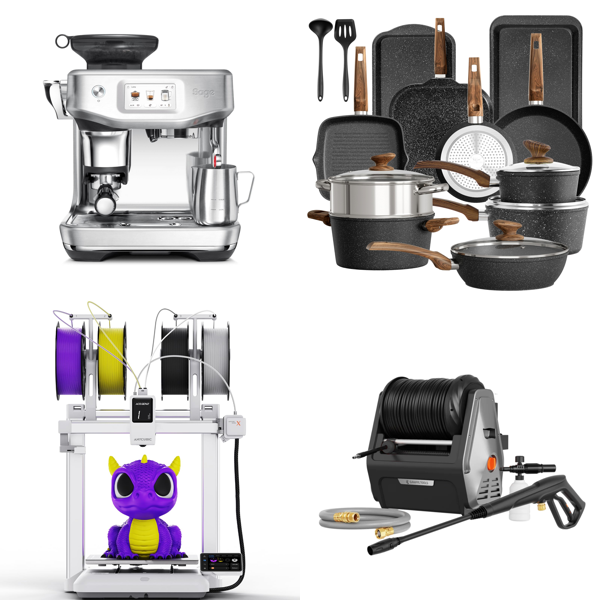 Source photograph for Pallet – Mixed Home Goods – Coffee Machine, 3D Printer, Cookware, Pressure Washer, Robot Vacuum