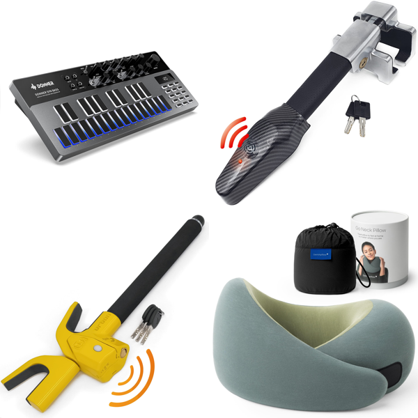 Source photograph for Pallet – Mixed Electronics & Vehicle Security – Synthesizer, Alarm Locks, Travel Pillows, Microphones, Coffee Maker, LED Lighting