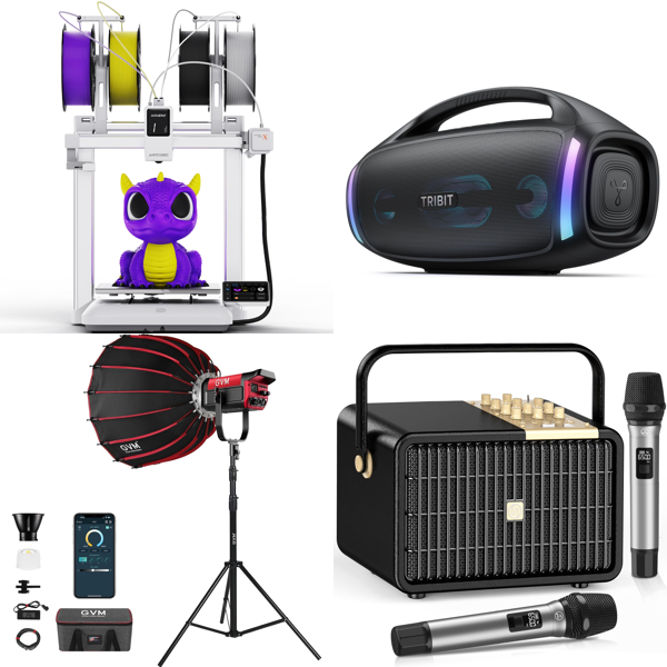 Source photograph for Pallet – Mixed Electronics & Kitchen Equipment – 3D Printers, LED Lighting, Bluetooth Speakers, Karaoke Systems