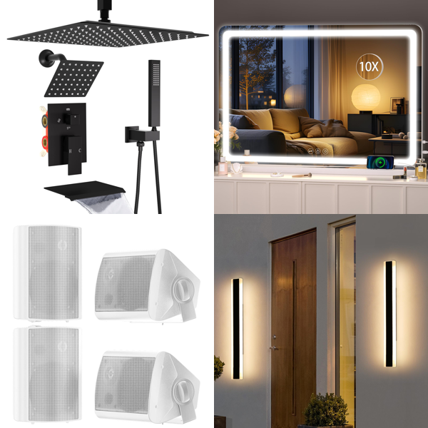 Source photograph for Pallet – Mixed Home & Garden Equipment – Shower System, Outdoor Speakers, LED Mirror, Wall Lights, Hammock
