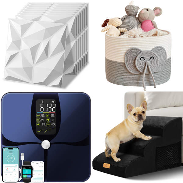 Source photograph for Pallet – Mixed Home Goods – Decorative Wall Panels, Smart Scales, Storage Baskets, Dog Steps