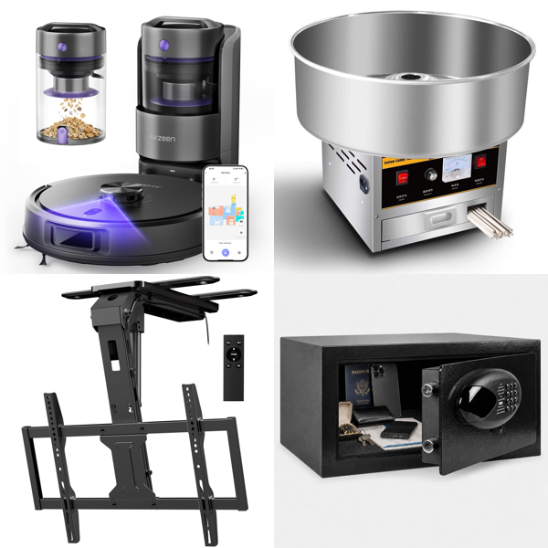 Source photograph for Pallet – Mixed Goods – Robot Vacuum, Ceiling TV Bracket, Commercial Fryer, Safe Box, Cleaning Trolley