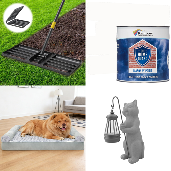 Source photograph for Pallet – Mixed Goods – Masonry Paint, Garden Tools, Dog Beds, Cookware, Non-Slip Stair Treads