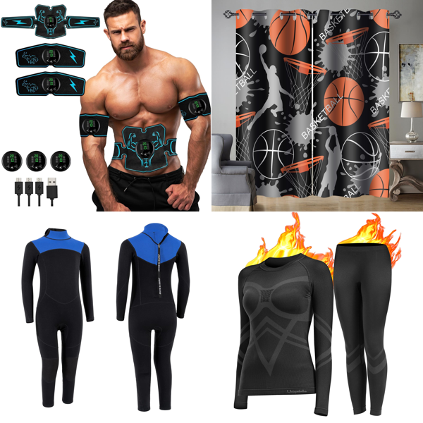 Source photograph for Pallet – Mixed Goods – Blackout Curtains, Wetsuits, Thermal Underwear, 3D Printer Filament