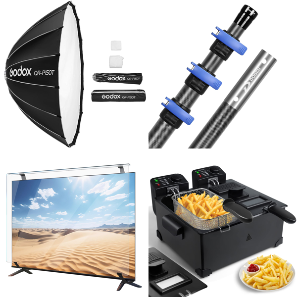 Source photograph for Pallet – Mixed Goods – Photography Equipment, TV Screen Protectors, Pool Accessories, Deep Fryers, Garden Tools