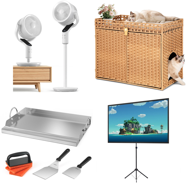 Source photograph for Pallet – Mixed Home, Garden & BBQ Goods – BBQ Griddle Plates, Fan, Projector Screen, Cat Litter Enclosure