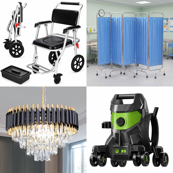 Source photograph for Pallet – Mixed Goods – Shower Commode Wheelchair, Crystal Chandeliers, Medical Screen, Pressure Washer