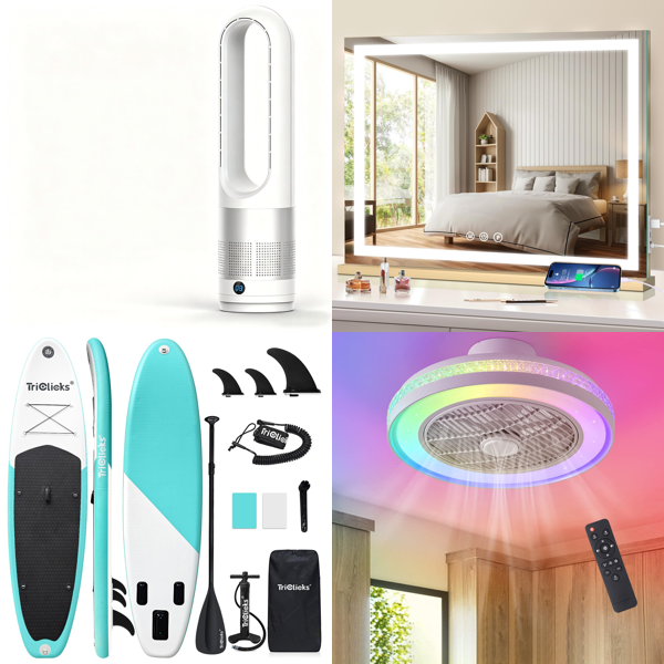 Source photograph for Pallet – Mixed Goods – Fans, Inflatable SUP Board, Lighted Vanity Mirror, Ceiling Fan, Picture Frames, Strimmer