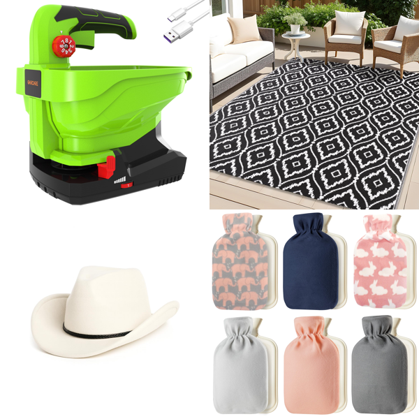 Source photograph for Pallet – Mixed Home & Garden – Seed Spreaders, Cowboy Hats, Outdoor Rugs, Hot Water Bottles