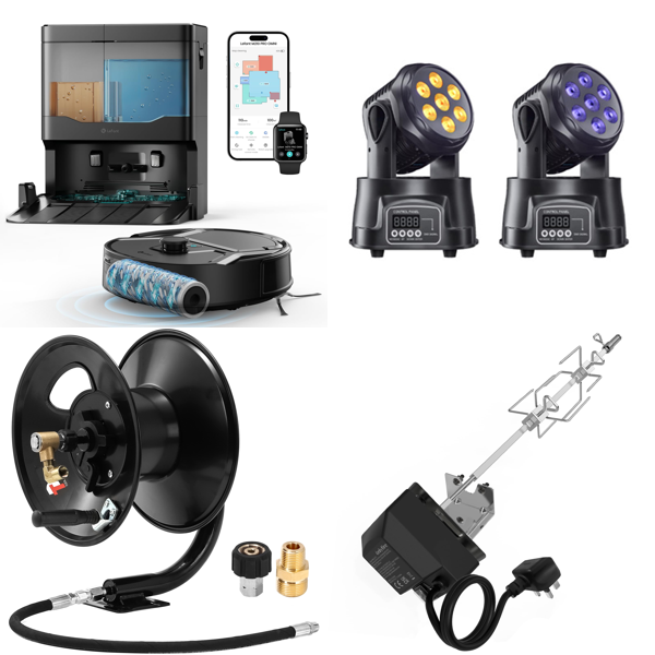 Source photograph for Pallet – Mixed Equipment & Accessories – Robot Vacuum Cleaner, Pressure Washer Hose, Disco Lights, Automotive Tools