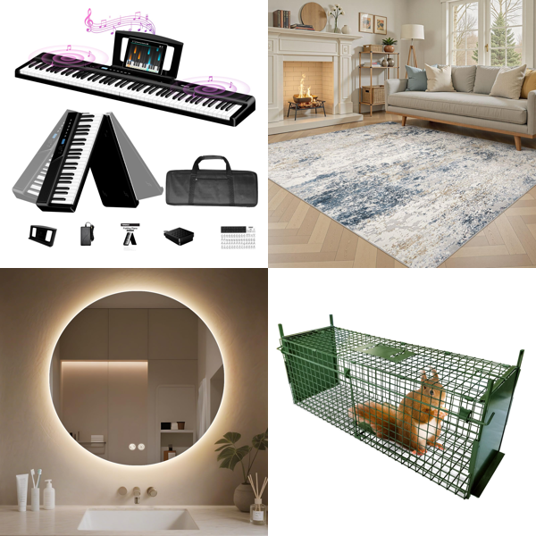 Source photograph for Pallet – Mixed Goods – Digital Pianos, Electronic Drum Sets, Rugs, Network Switches, Pond Filters