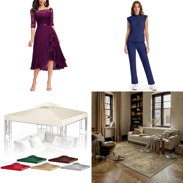 Source photograph for Pallet – Mixed Apparel & Outdoor Goods – Dresses, Gazebo Cover, Medical Scrubs, Rugs, Sandals