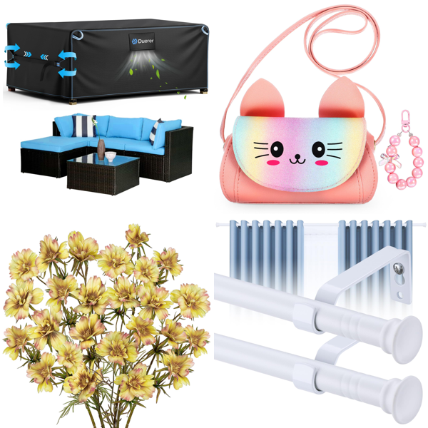Source photograph for Pallet – Mixed Home & Garden Goods – Furniture Covers, Artificial Flowers, Curtain Rods, 3D Filament, Child Locks