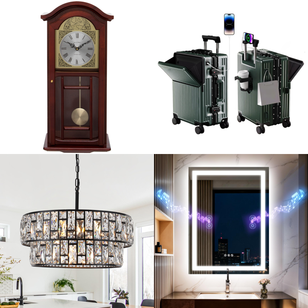 Source photograph for Pallet – Mixed Home Goods – Lighting, Wall Clocks, Luggage, Mirrors, Garden Tools, Kitchen Appliances