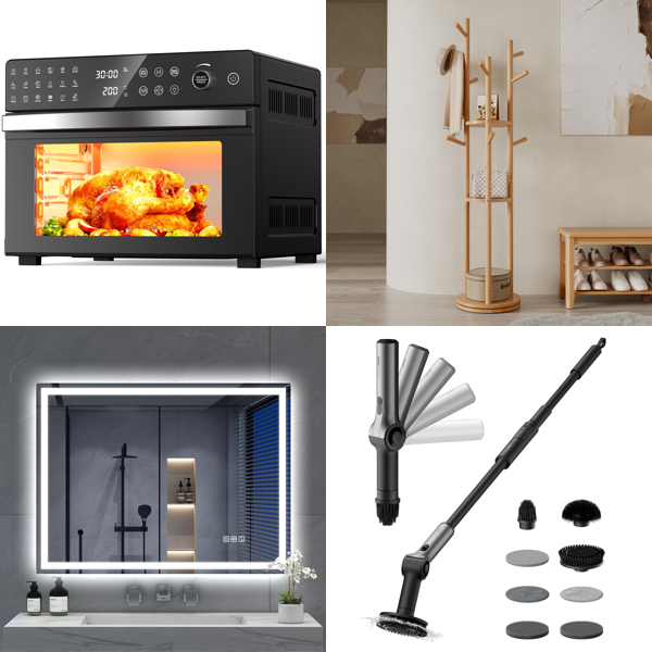 Source photograph for Pallet – Mixed Goods – Air Fryer Oven, LED Mirrors, Coat Stand, Electric Spin Scrubber, Artificial Plants