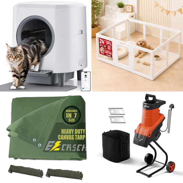 Source photograph for Pallet – Mixed Home & Garden Goods – Automatic Cat Litter Trays, Garden Shredders, Robot Vacuums, Soundbars, Trolleys