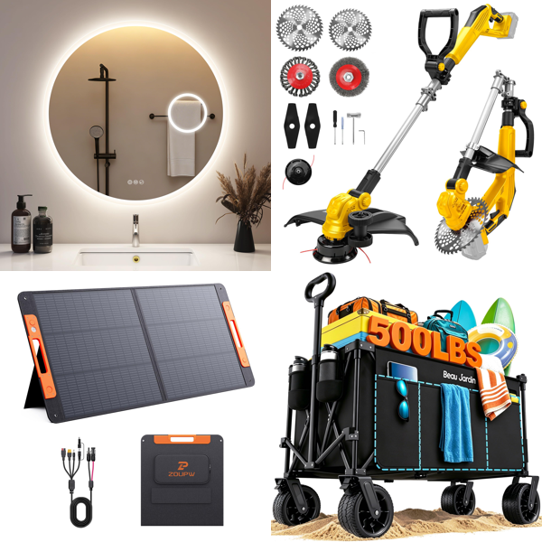 Source photograph for Pallet – Garden & Camping – Espresso Machine, LED Mirror, Solar Panel, Grass Trimmers, Folding Trolley