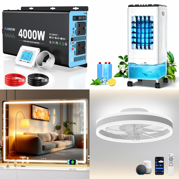 Source photograph for Pallet – Mixed Goods – Inverters, Makeup Mirrors, Air Coolers, Ceiling Fans, Grass Trimmers