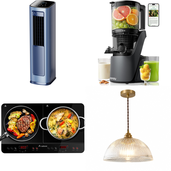 Source photograph for Pallet – Mixed Electrical Appliances & Home Goods – Air Conditioner, Induction Hob, Slow Juicer, Heater, Pendant Lights, Rug