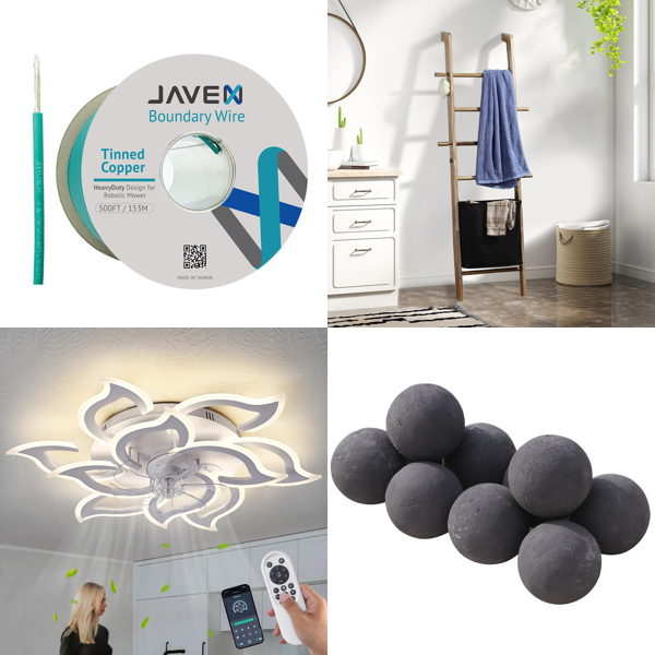 Source photograph for Pallet – Mixed Goods – LED Ceiling Fan, Mower Boundary Cable, Raised Garden Beds, Christmas Baubles