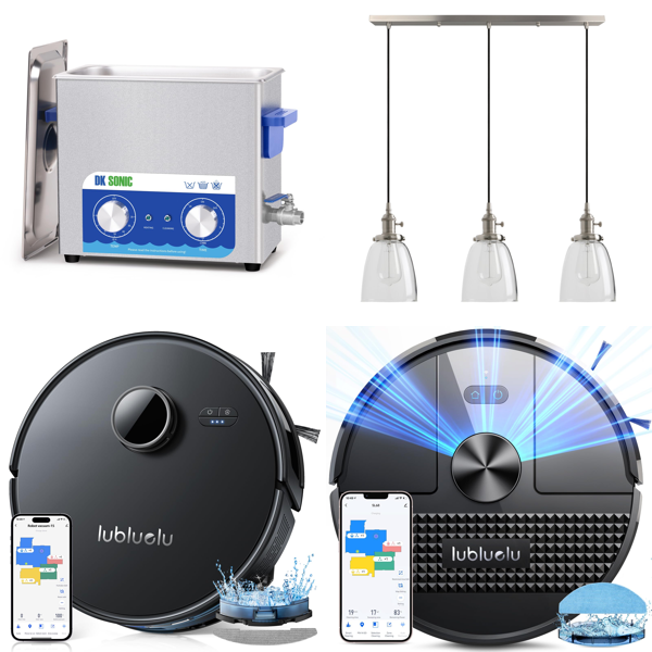 Source photograph for Pallet – Mixed Home & Commercial Goods – Robot Vacuums, Ultrasonic Cleaners, Garden Tools, Light Fixtures