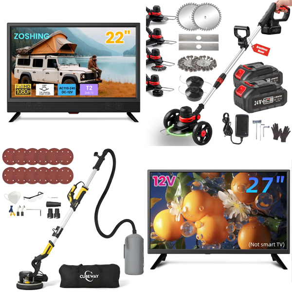 Source photograph for Pallet – Mixed Technology & Tools – Televisions, Grass Trimmers, Sanders, LED Lighting