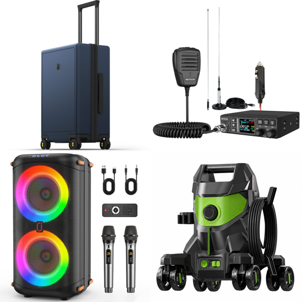 Source photograph for Pallet – Mixed Equipment & Tools – Trolley Cases, Pressure Washers, Drywall Sanders, Karaoke Systems