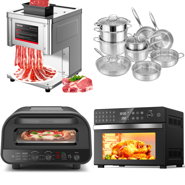 Source photograph for Pallet – Mixed Kitchen & Household Equipment – Meat Slicer, Pizza Oven, Cookware, Air Fryer, Paper Shredder