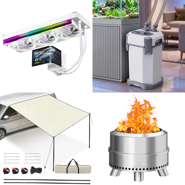 Source photograph for Pallet – Mixed Goods – PC Water Cooling, Camping Awning, Aquarium Filter, Fire Pit