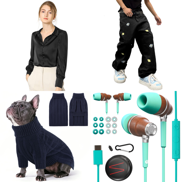 Source photograph for Pallet – Mixed Goods – Women's Blouses, Dog Apparel, Jeans, Earphones, 3D Filament, Decorative Items