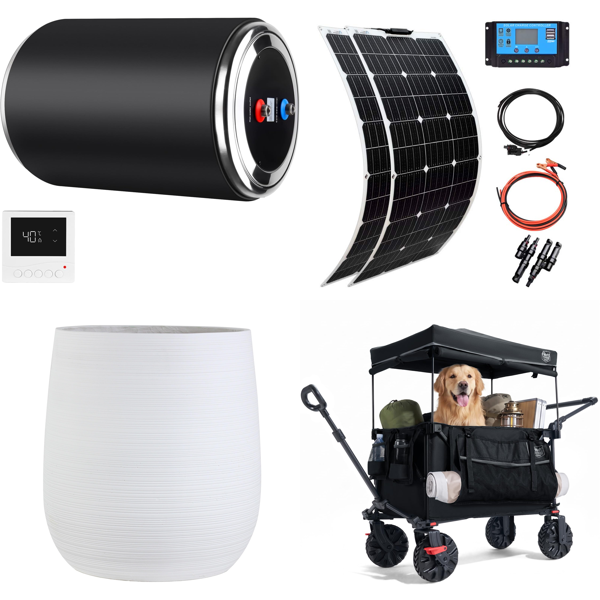 Source photograph for Pallet – Mixed Goods – Water Heaters, Solar Panels, Audio Systems, Projectors, Garden Tools