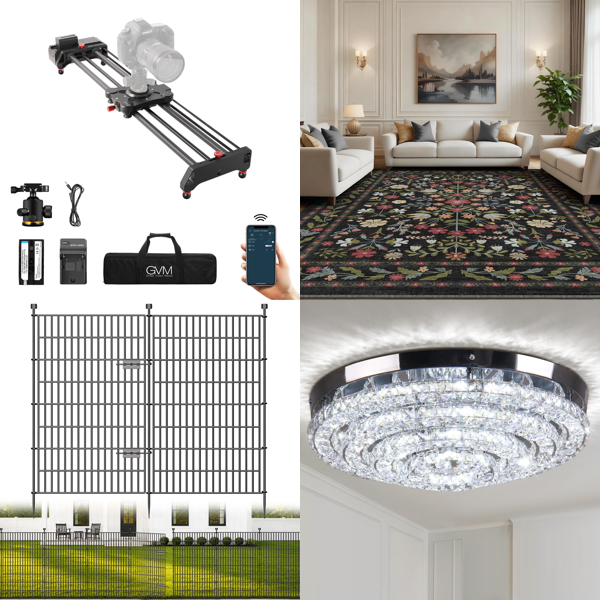 Source photograph for Pallet – Mixed Goods – Rugs, Garden Fences, Light Fixtures, Sprayers