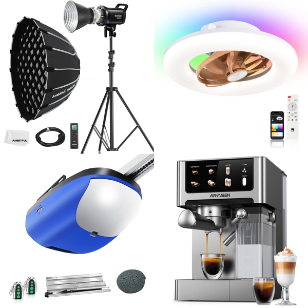 Source photograph for Pallet – Home Equipment – Video Lights, Garage Door Openers, Ceiling Fans, Espresso Makers, Garden Shredders