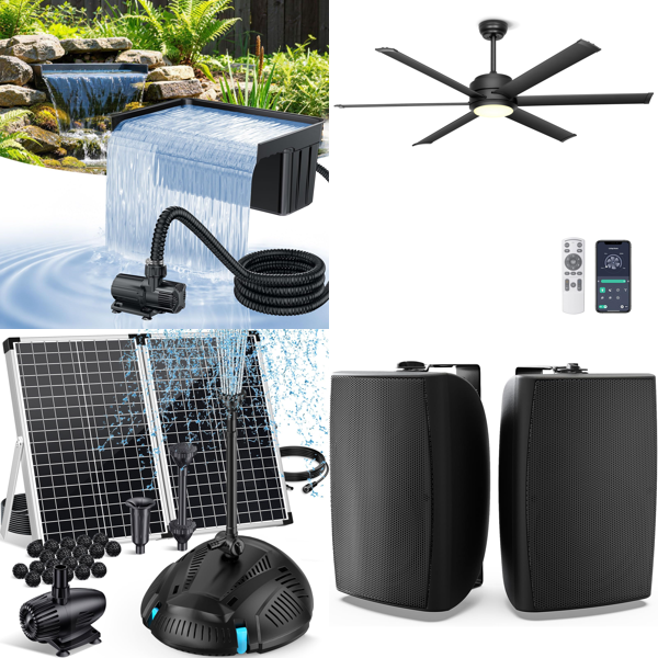 Source photograph for Pallet – Home, Garden & Electronics – Waterfall Spillways, Solar Fountains, Ceiling Fans, Speakers, Vacuum Cleaners