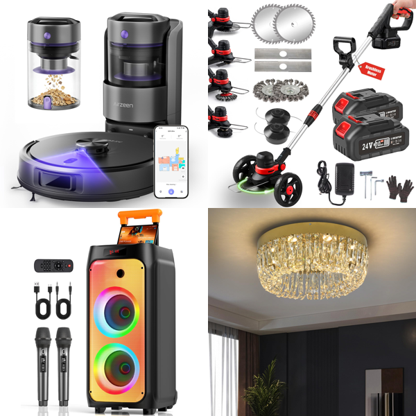 Source photograph for Pallet – Mixed Household Goods – Robot Vacuum Cleaners, Karaoke Machine, Grass Trimmer, Lighting, Stand Mixer