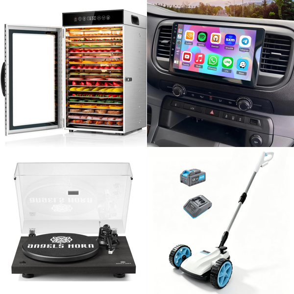 Source photograph for Pallet – Mixed Home & Automotive Goods – Food Dehydrators, Record Players, Car Stereos, Lawnmowers, Mirrors, Mattresses