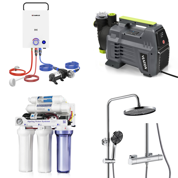 Source photograph for Pallet – Mixed Household Goods – Gas Water Heater, Water Pump, Water Purification System, Shower Set, Robot Vacuum