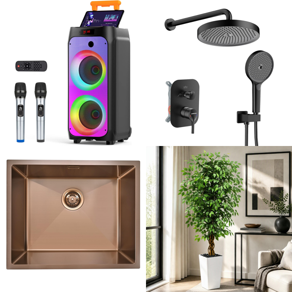 Source photograph for Pallet – Mixed Goods – Karaoke System, Kitchen Sink, Shower Set, Artificial Plant, Sliding Door Hardware