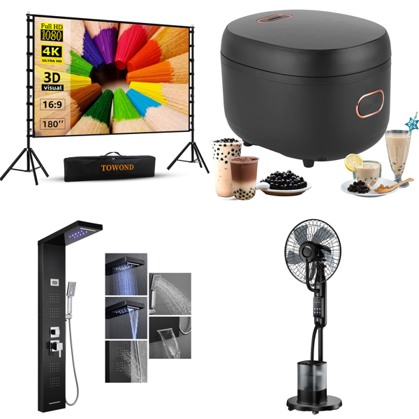 Source photograph for Pallet – Mixed Home Goods – Projector Screen, Shower System, Irrigation Pump, Gazebo, TV Stand