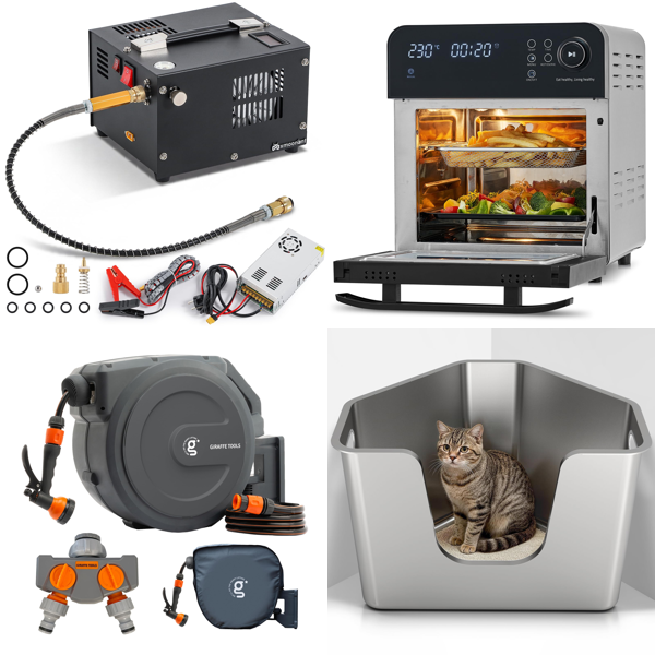 Source photograph for Pallet – Mixed Goods – Compressors, Air Fryer, Ice Maker, Kitchen Sink, Garden Hose
